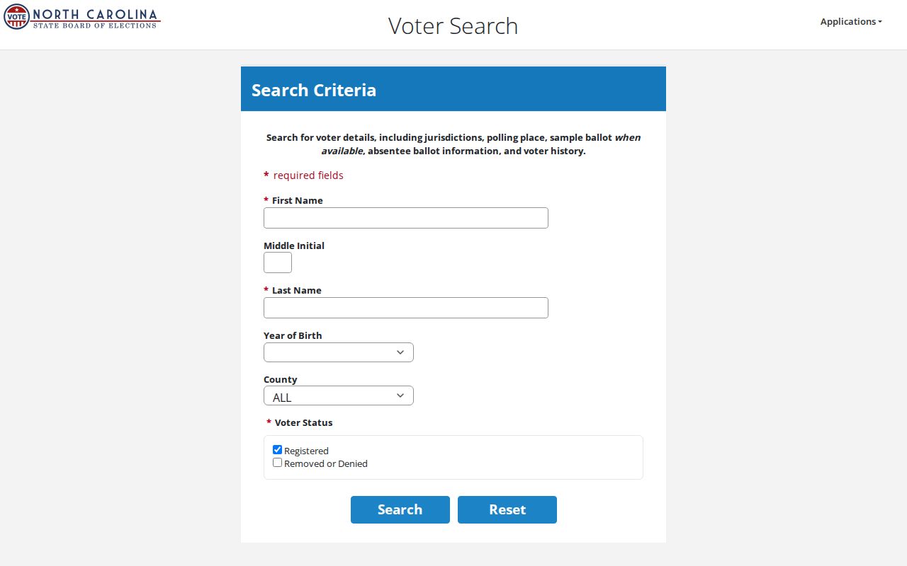 Thomasville voter registration search form with name, birth year, county, and status fields