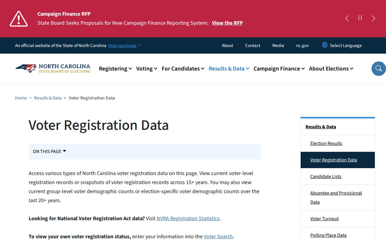 Thomasville voter registration records download page for North Carolina public voter files